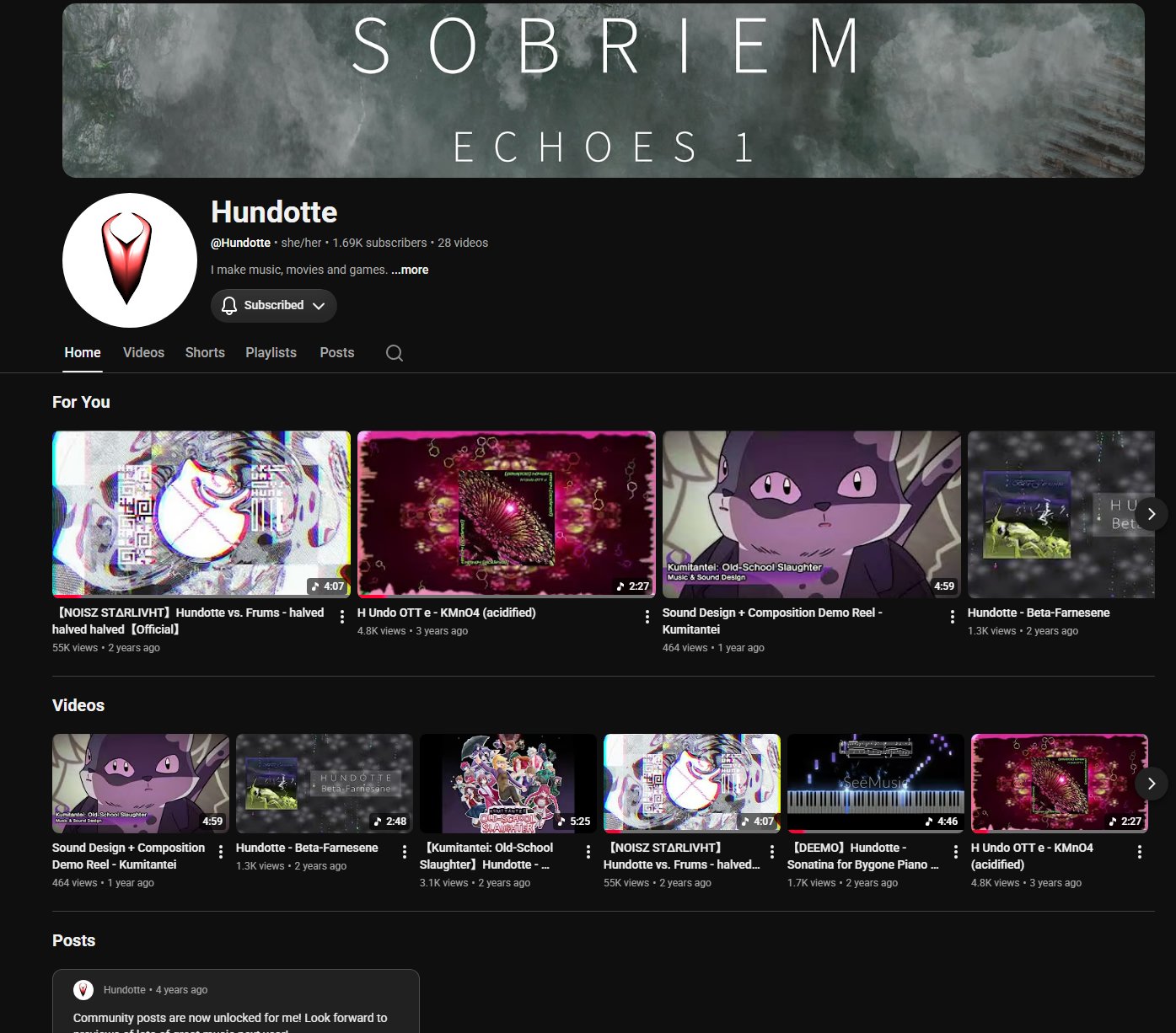 Hundotte YouTube channel — 1.69K subscribers, 28 videos, composer of Kumitantei, Cytus II, and DEEMO