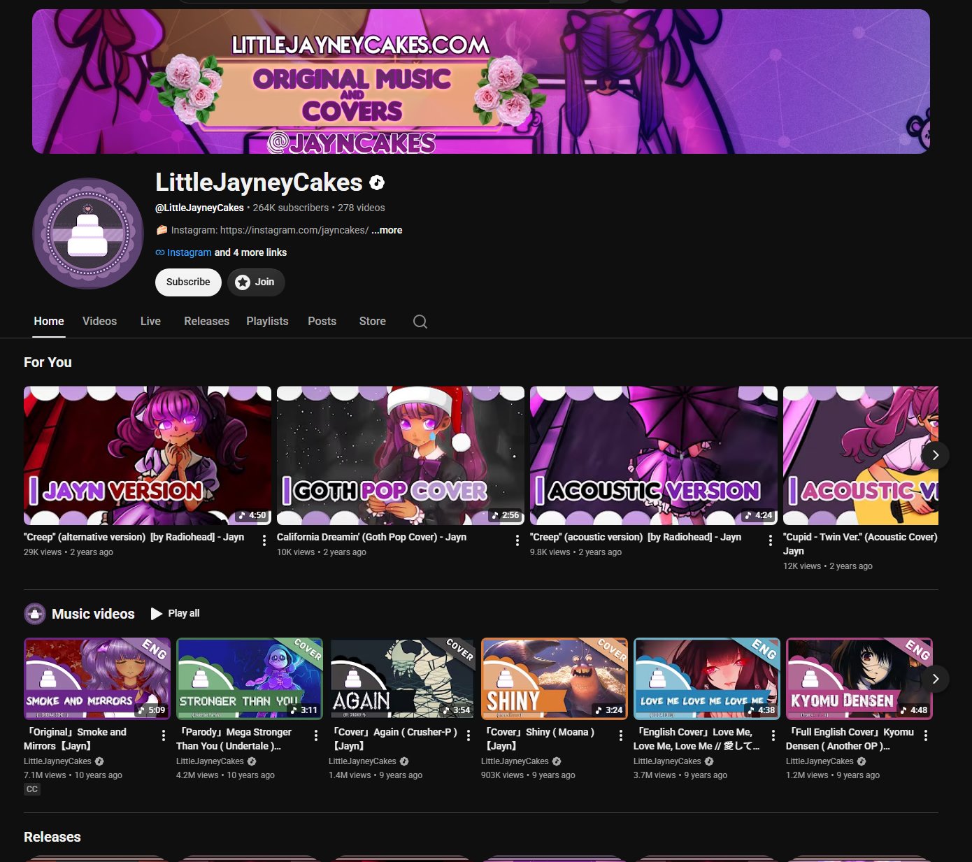 LittleJayneyCakes YouTube channel — 264K subscribers, 278 videos